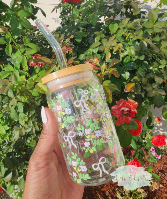 Floral Coquette Libbey Glass Cup with Straw, Green Flowers (16oz)