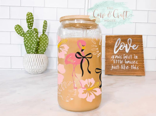 Pink Flamingo Iced Coffee Glass Cup | Coquette Flowers, Bamboo Lid & Straw