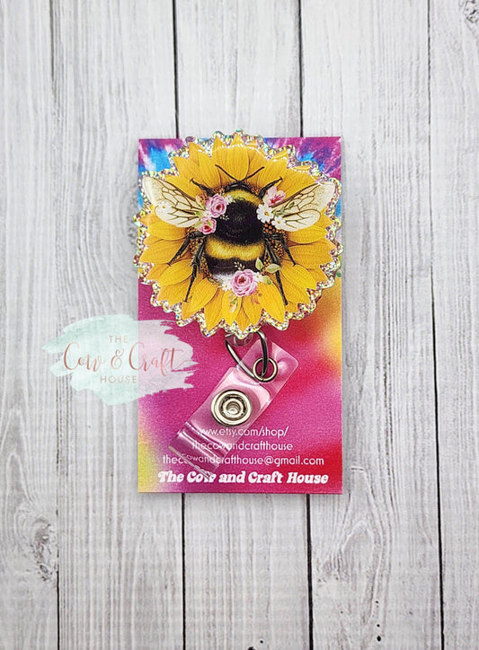 Glitter Bee on Sunflower Badge Reel – Retractable Swivel ID Holder