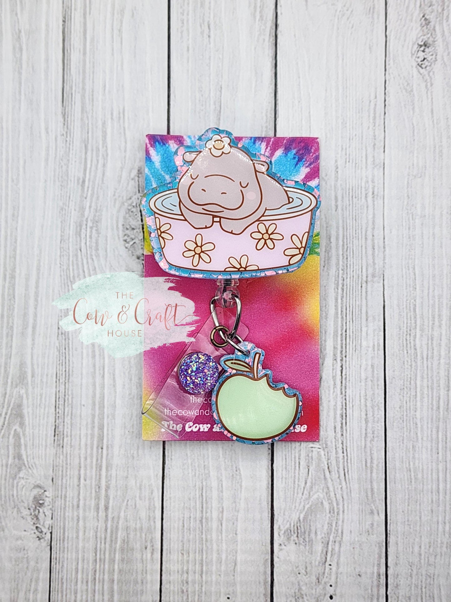 Hippo Badge Reel, Acrylic Charm, Retractable ID Badge Holder