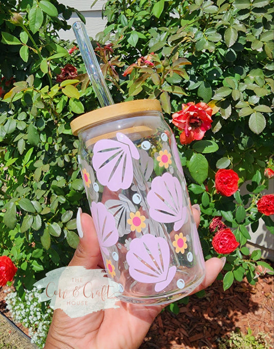 Seashell Glass Libbey Cup | Coastal Iced Coffee, Bamboo Lid & Straw