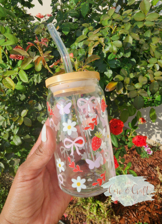 Coquette Glass Cup – Strawberry, Flowers & Bows, Iced Coffee Tumbler