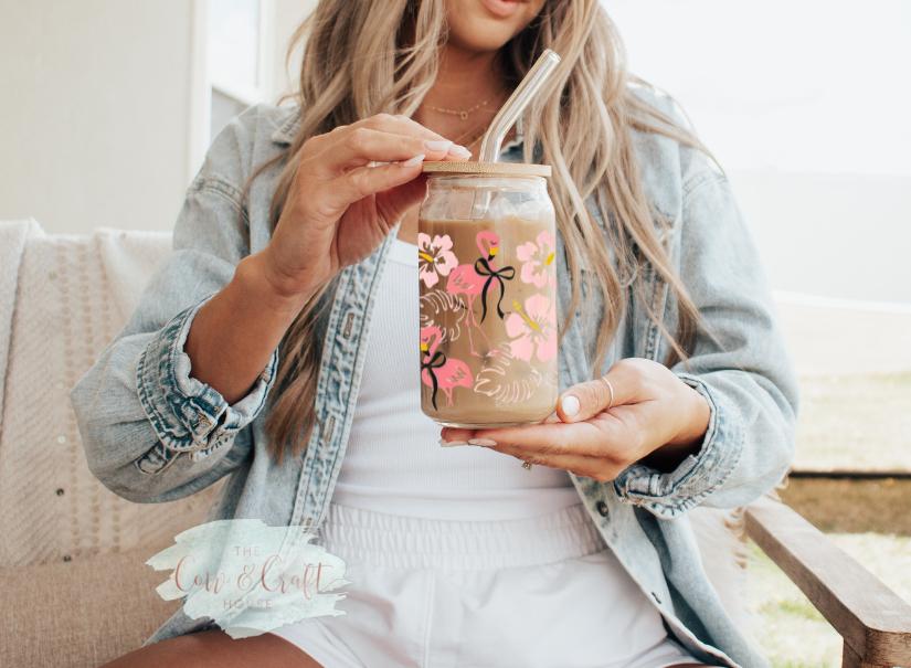 Pink Flamingo Iced Coffee Glass Cup | Coquette Flowers, Bamboo Lid & Straw