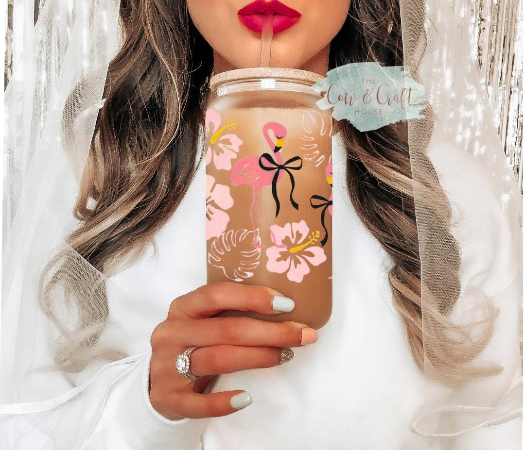 Pink Flamingo Iced Coffee Glass Cup | Coquette Flowers, Bamboo Lid & Straw