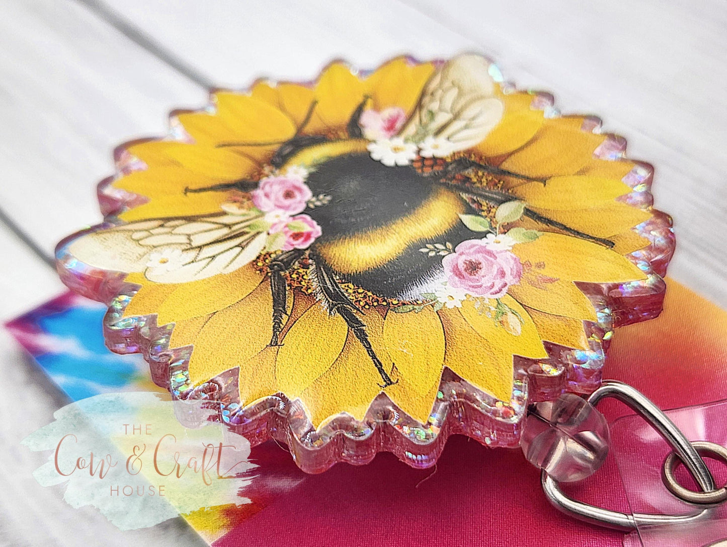 Glitter Bee on Sunflower Badge Reel – Retractable Swivel ID Holder
