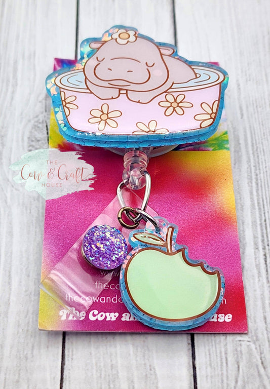 Hippo Badge Reel, Acrylic Charm, Retractable ID Badge Holder