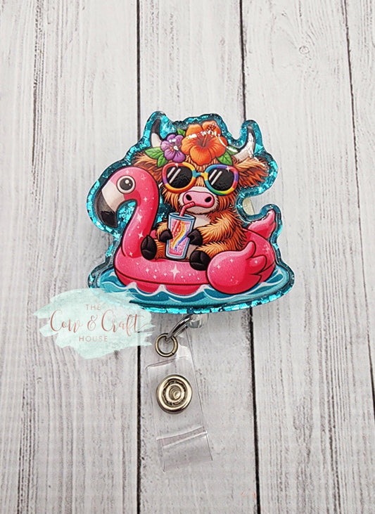 Highland Cow Badge Reel, Summer Pool Float, ID Holder