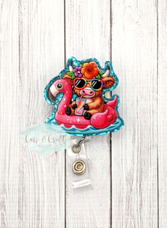 Highland Cow Badge Reel, Summer Pool Float, ID Holder