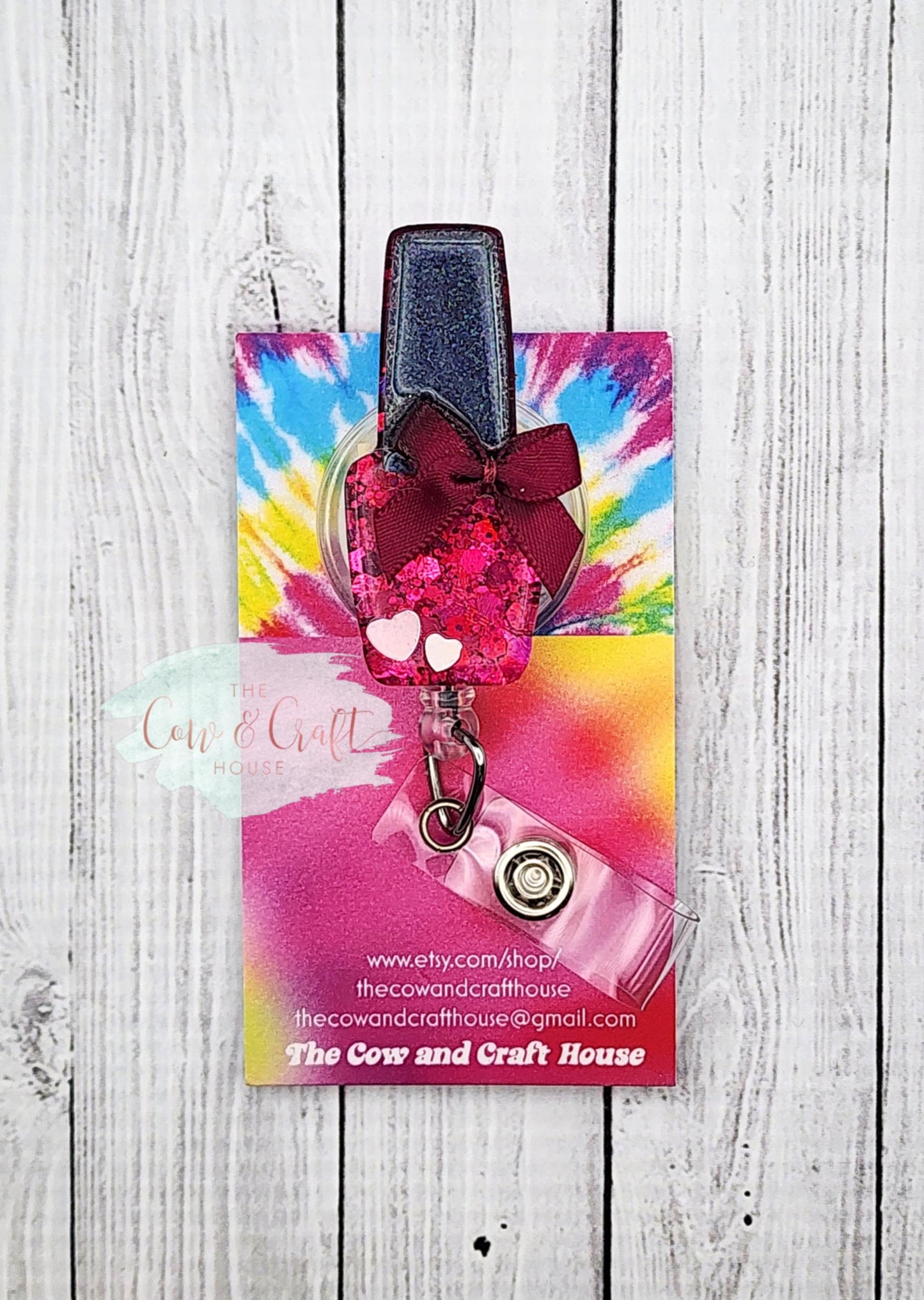 Glitter Nail Polish Bottle Badge Reel with Bow | Retractable ID Holder