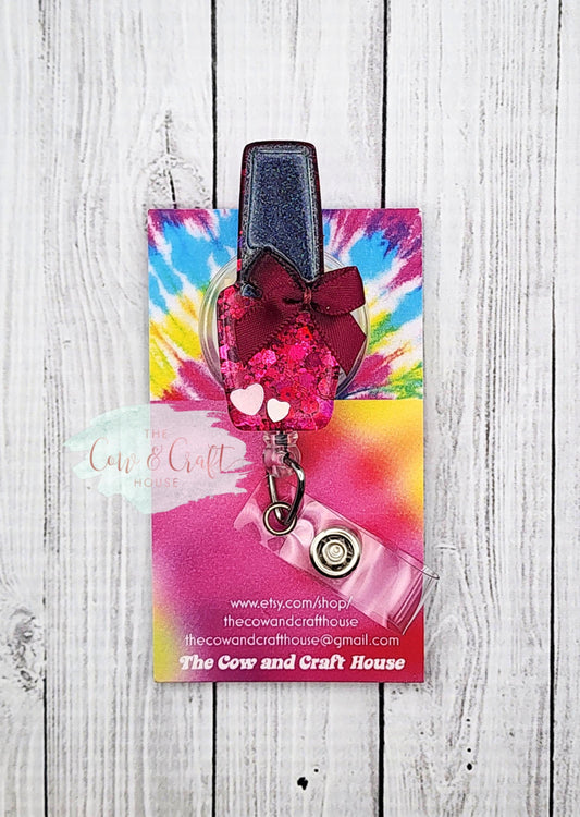 Glitter Nail Polish Bottle Badge Reel with Bow | Retractable ID Holder