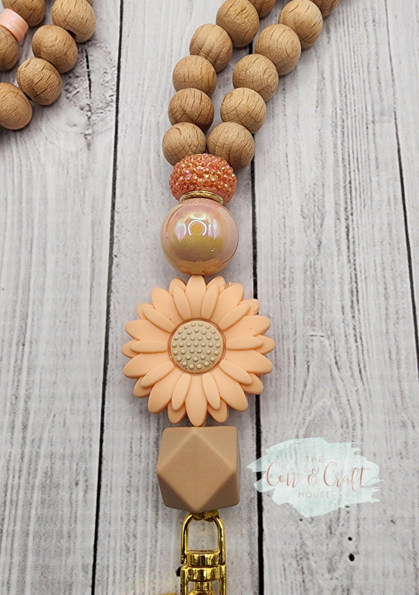 Peach Sunflower Teacher Lanyard: Breakaway ID Badge Holder with Keychain