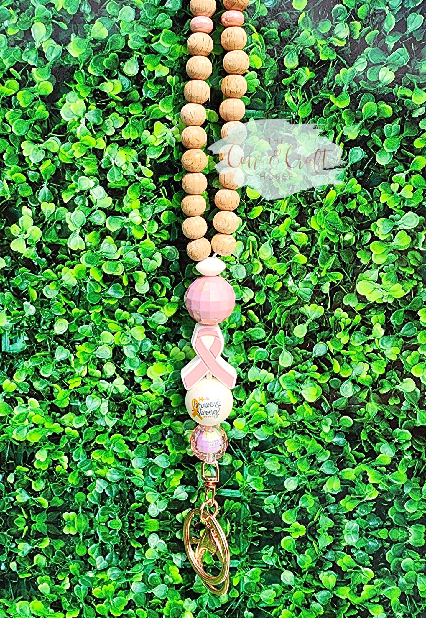 Breast Cancer Awareness Lanyard | Wood Bead Teacher ID Badge