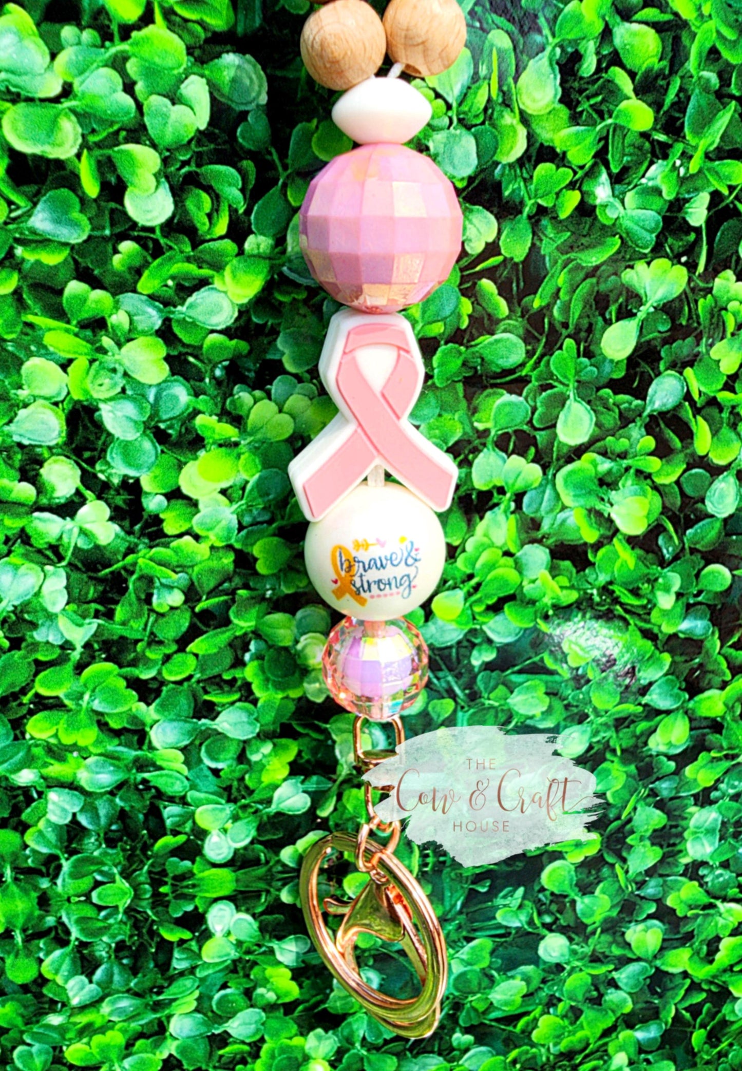 Breast Cancer Awareness Lanyard | Wood Bead Teacher ID Badge