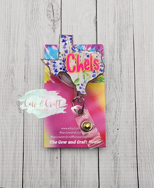 Texas Bluebonnet Badge Reel: Glitter Resin Nurse Badge Holder
