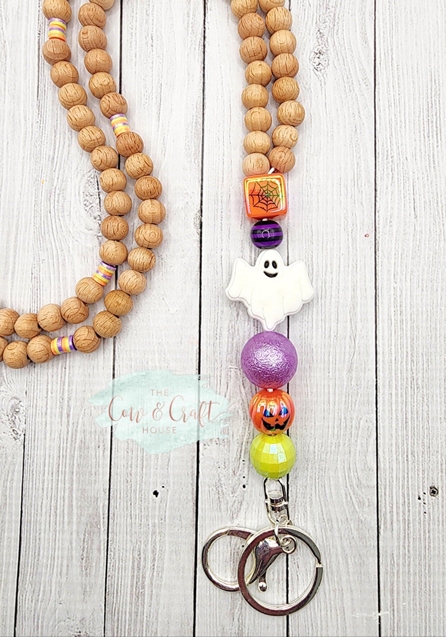 Cute Halloween Teacher Lanyard Ghost | Orange Purple Green Beaded Lanyard | Spooky Cute Teacher Gift | Badge Holder | Fall Classroom Accesso