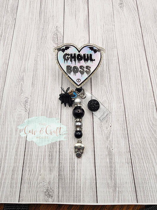 Ghoul Boss Badge Reel: Sparkly Silver Glitter Halloween Accessory