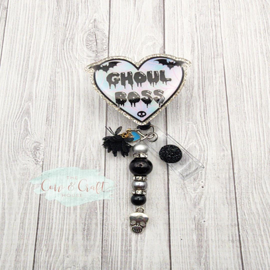Ghoul Boss Badge Reel: Sparkly Silver Glitter Halloween Accessory