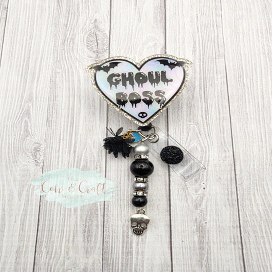 Ghoul Boss Badge Reel: Sparkly Silver Glitter Halloween Accessory