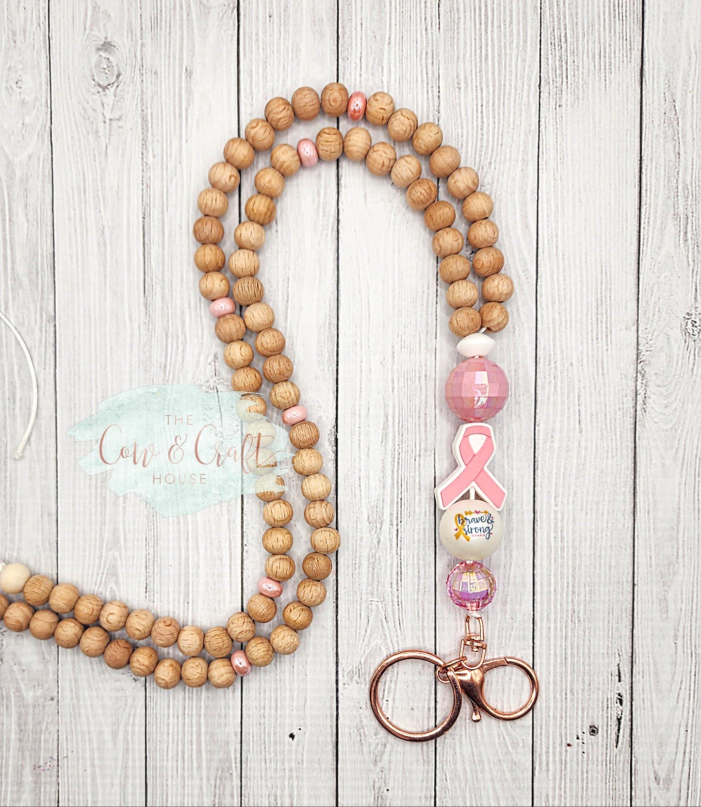 Breast Cancer Awareness Lanyard | Wood Bead Teacher ID Badge