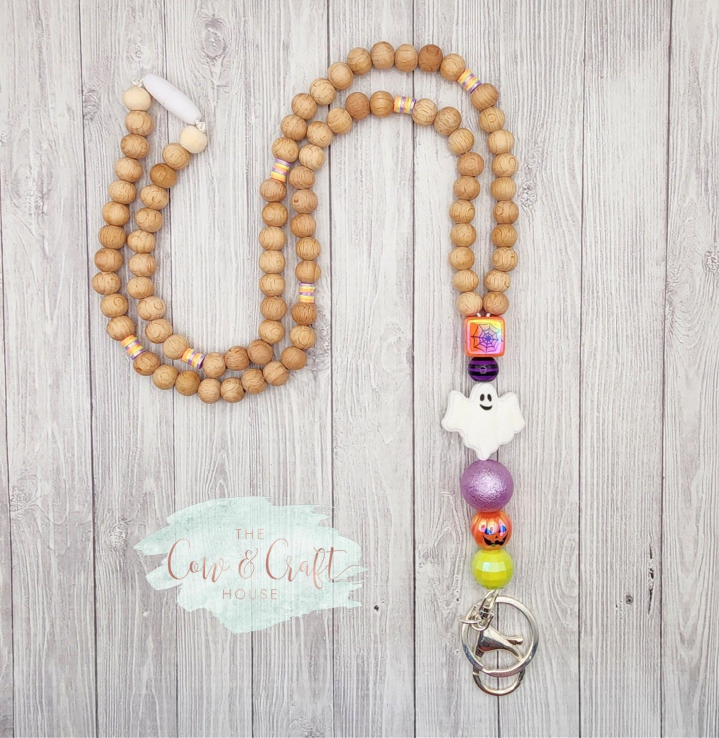 Cute Halloween Teacher Lanyard Ghost | Orange Purple Green Beaded Lanyard | Spooky Cute Teacher Gift | Badge Holder | Fall Classroom Accesso