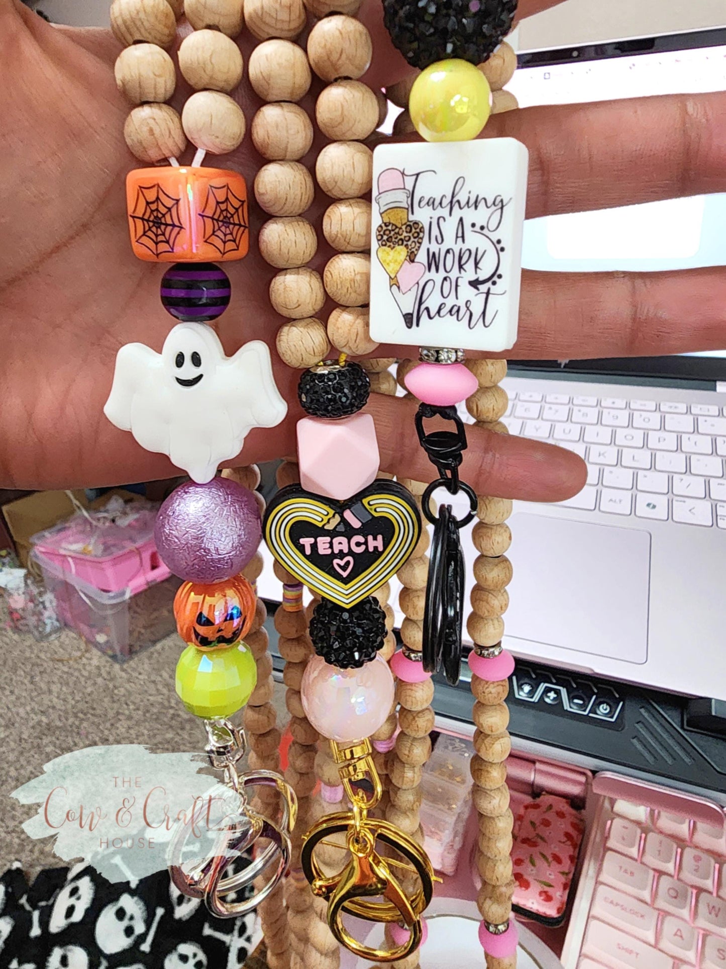Cute Halloween Teacher Lanyard Ghost | Orange Purple Green Beaded Lanyard | Spooky Cute Teacher Gift | Badge Holder | Fall Classroom Accesso
