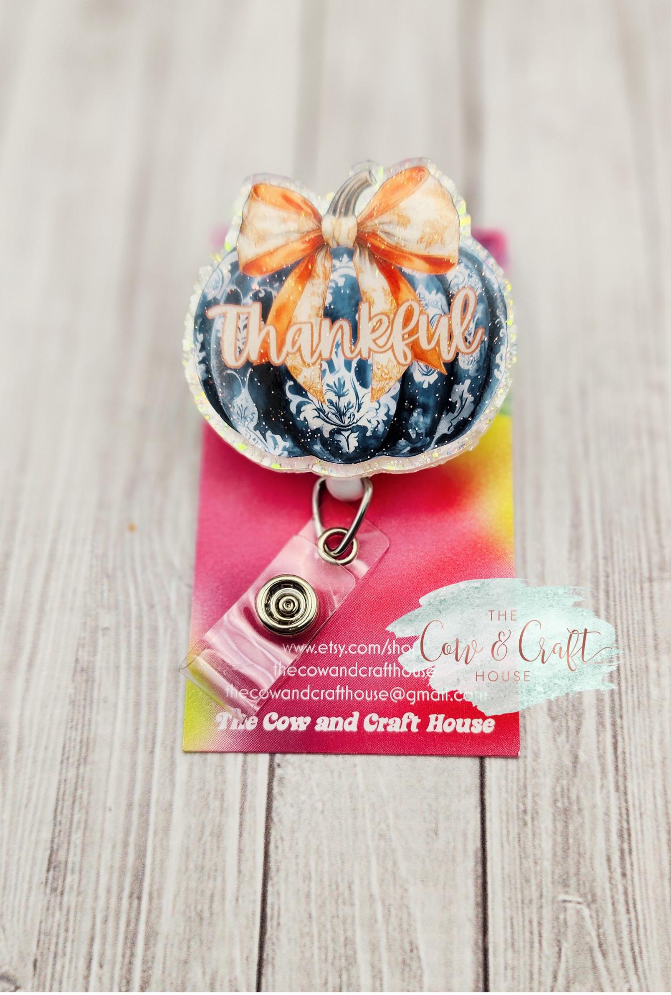 Thankful Pumpkin Badge Reel - Fall Thanksgiving Swivel Clip ID Holder