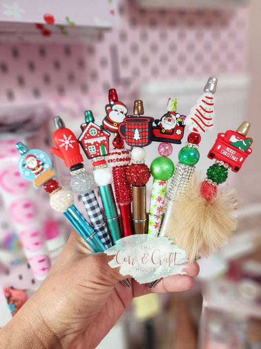 Santa Sleigh Beaded Pen • Pink & Green Christmas Twist Pen