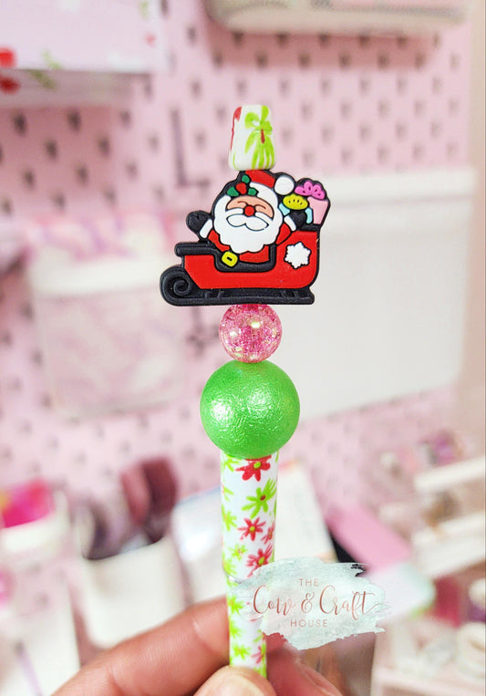Santa Sleigh Beaded Pen • Pink & Green Christmas Twist Pen