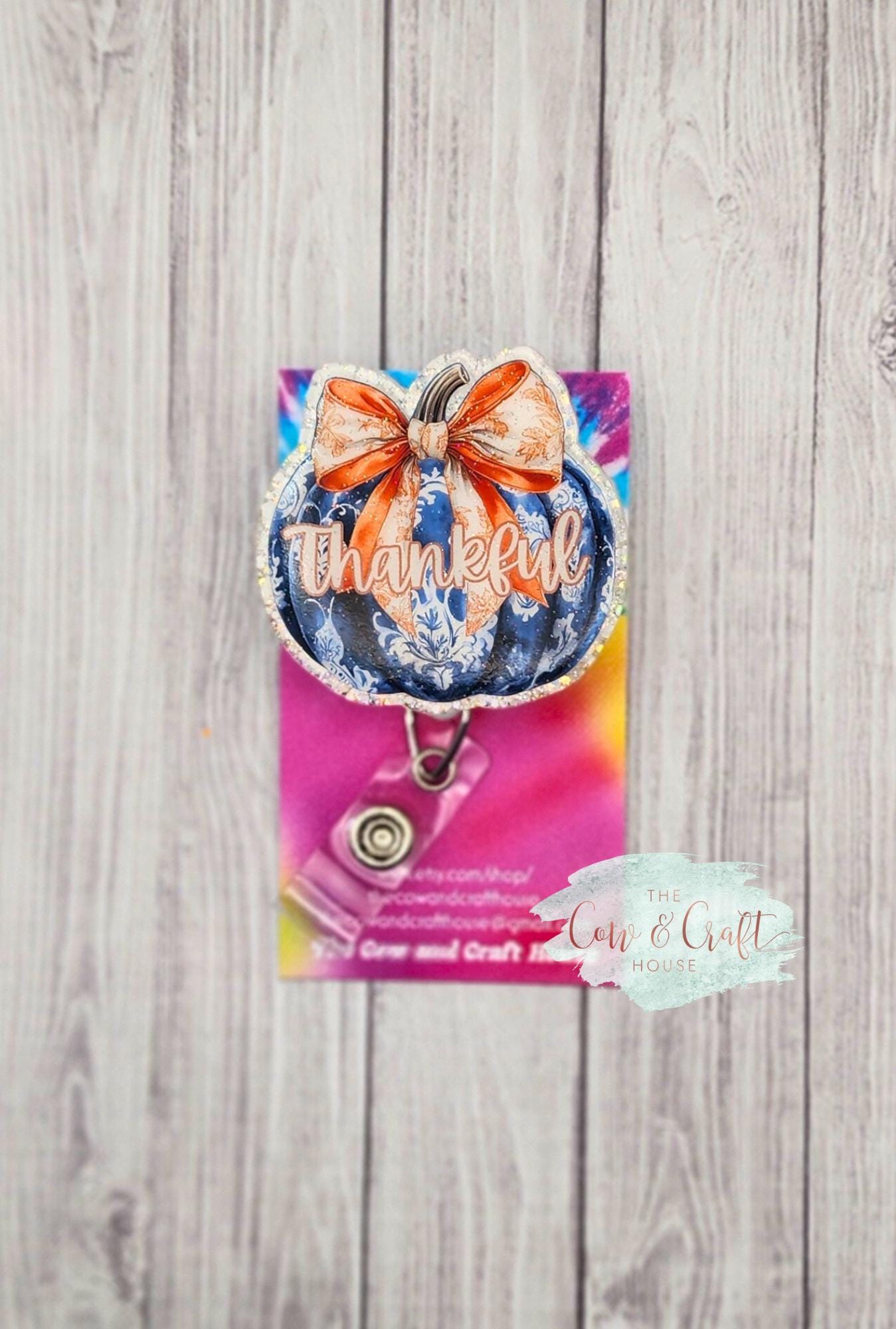 Thankful Pumpkin Badge Reel - Fall Thanksgiving Swivel Clip ID Holder