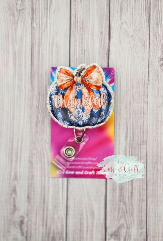 Thankful Pumpkin Badge Reel - Fall Thanksgiving Swivel Clip ID Holder