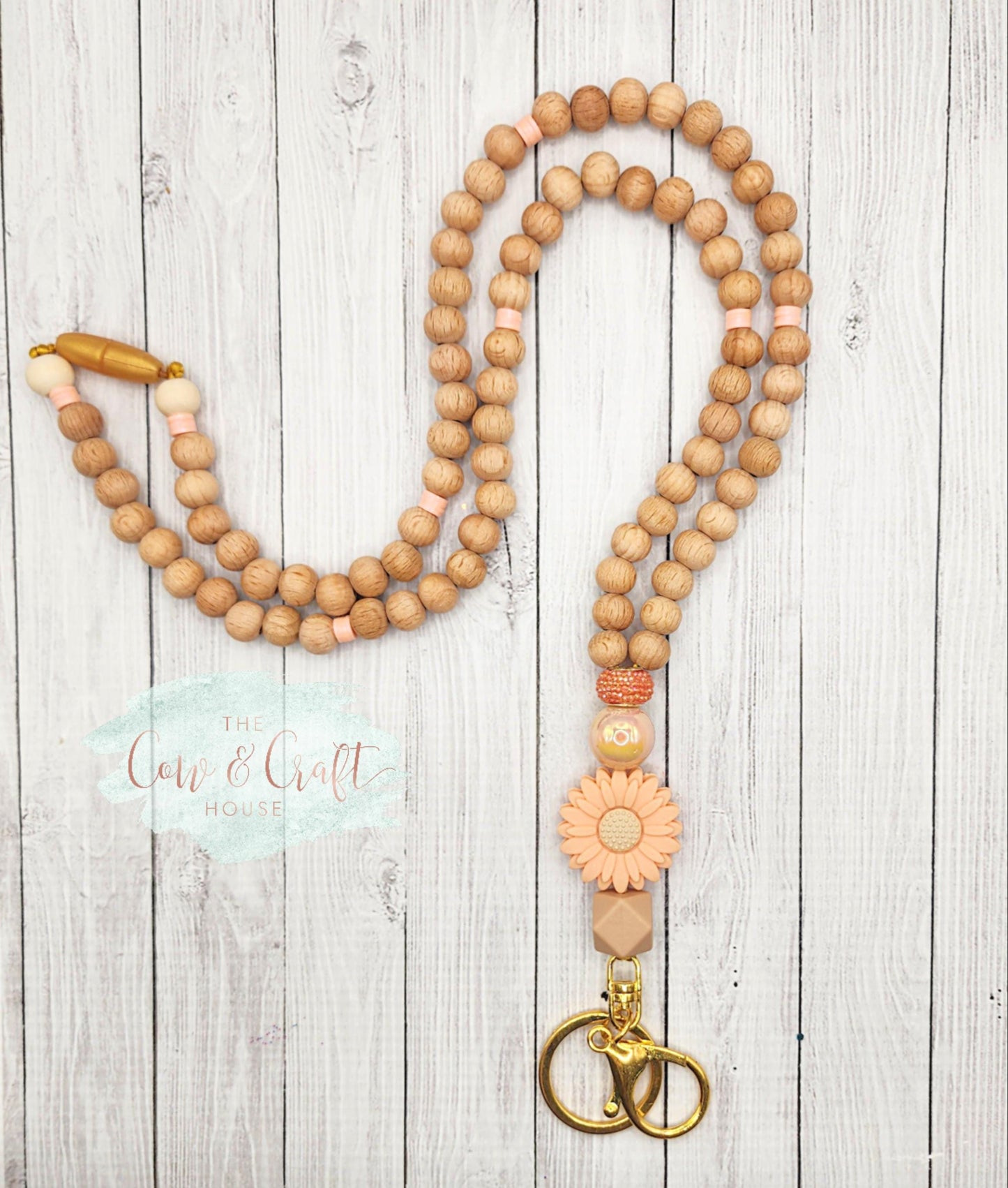 Peach Sunflower Teacher Lanyard: Breakaway ID Badge Holder with Keychain