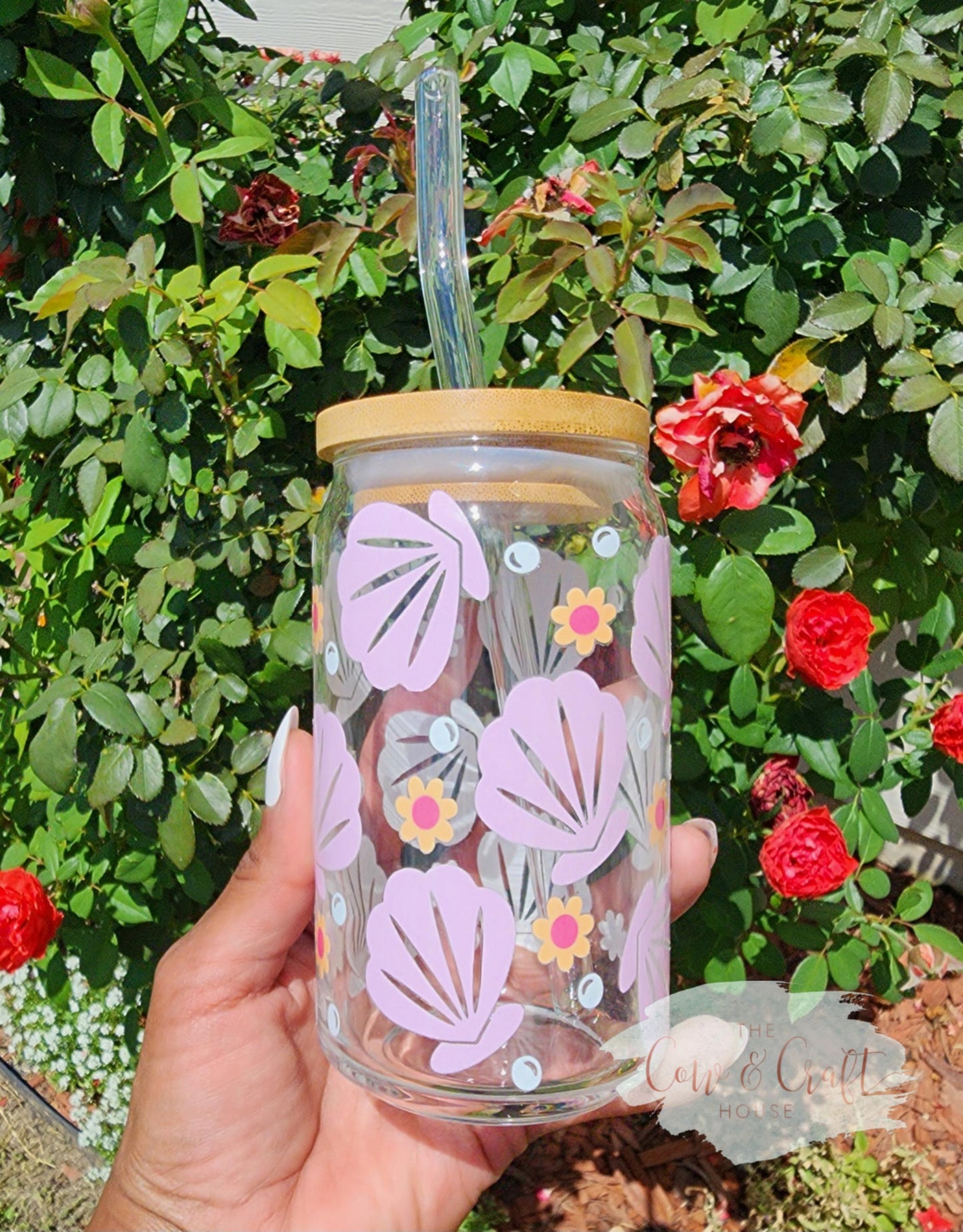 Seashell Glass Libbey Cup | Coastal Iced Coffee, Bamboo Lid & Straw