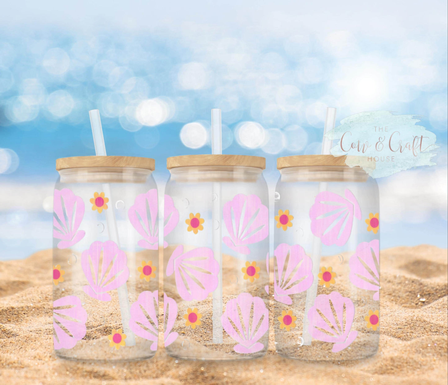 Seashell Glass Libbey Cup | Coastal Iced Coffee, Bamboo Lid & Straw