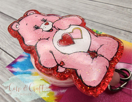 Glitter Teddy Bear Heart Badge Reel: Valentine's Day ID Holder
