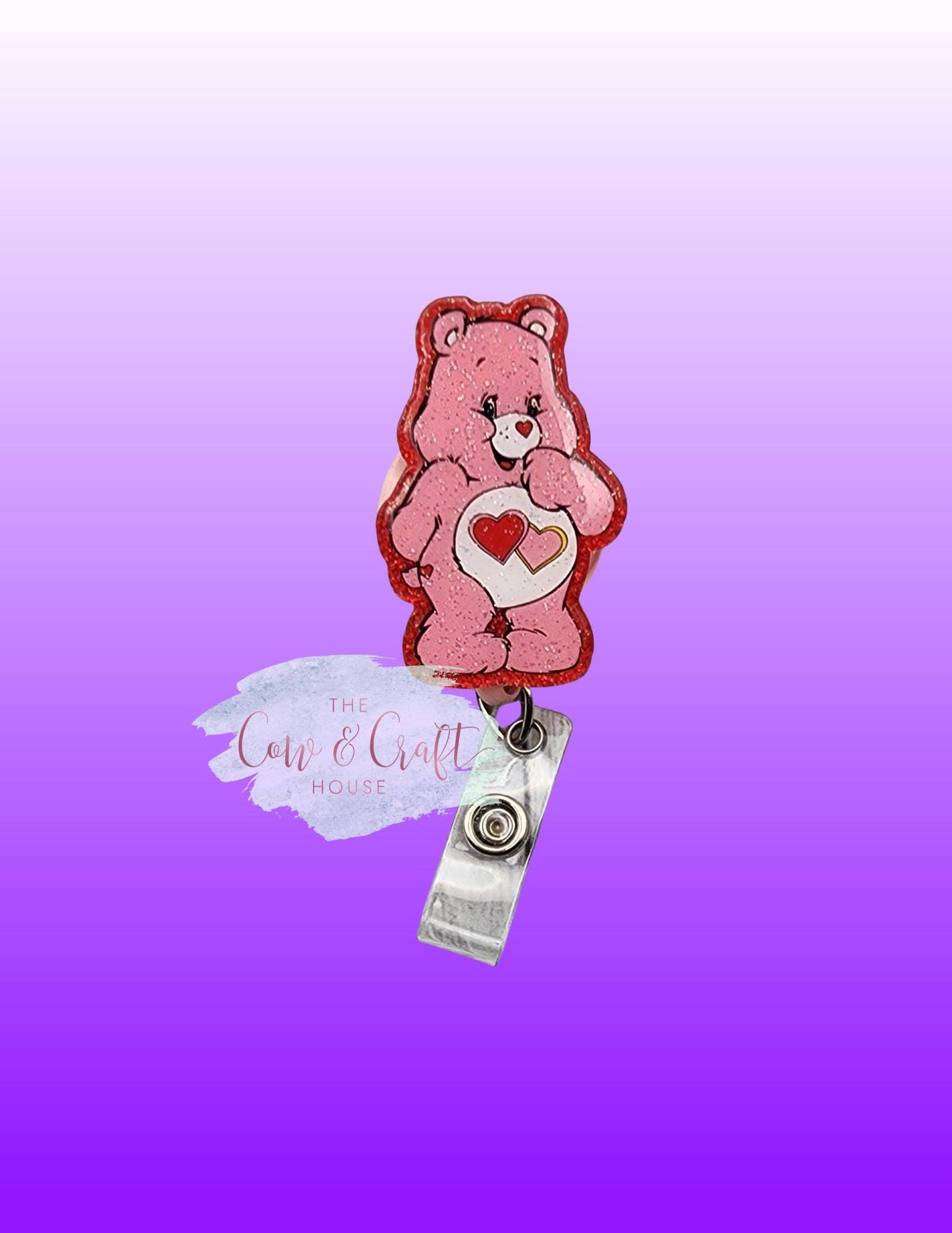 Glitter Teddy Bear Heart Badge Reel: Valentine's Day ID Holder