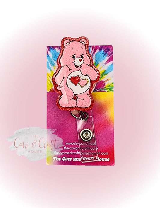 Glitter Teddy Bear Heart Badge Reel: Valentine's Day ID Holder
