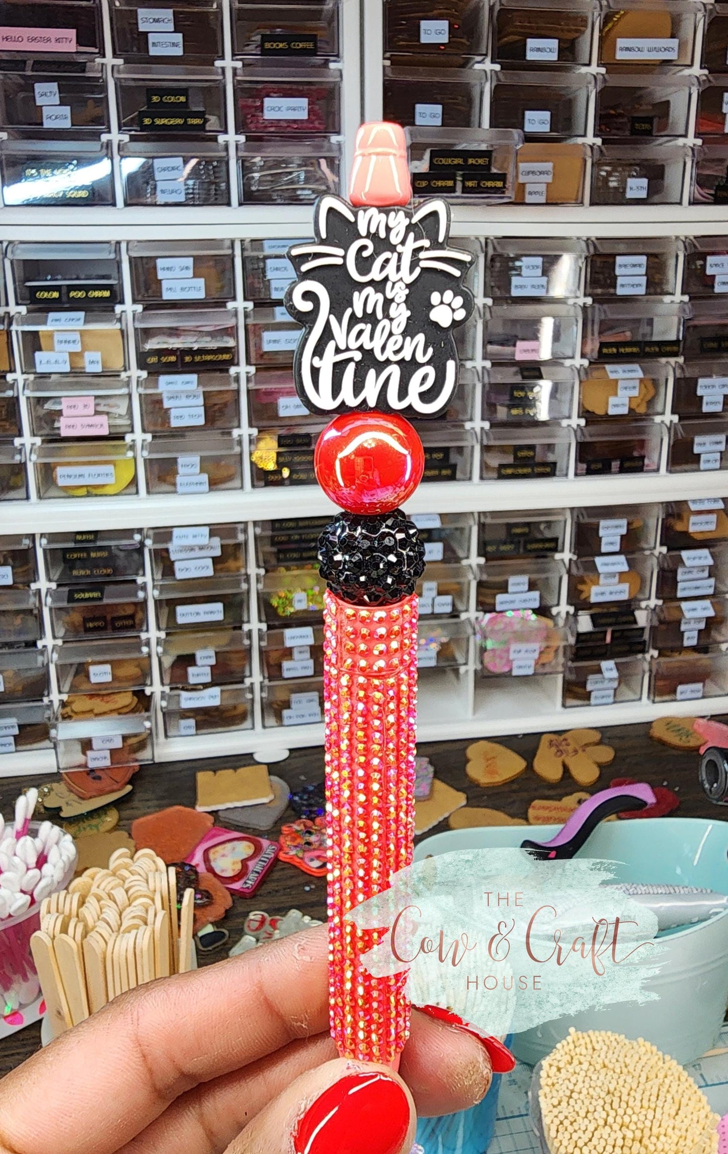 Cat Valentine Beaded Pen | Handmade Black Ink Twist Pen