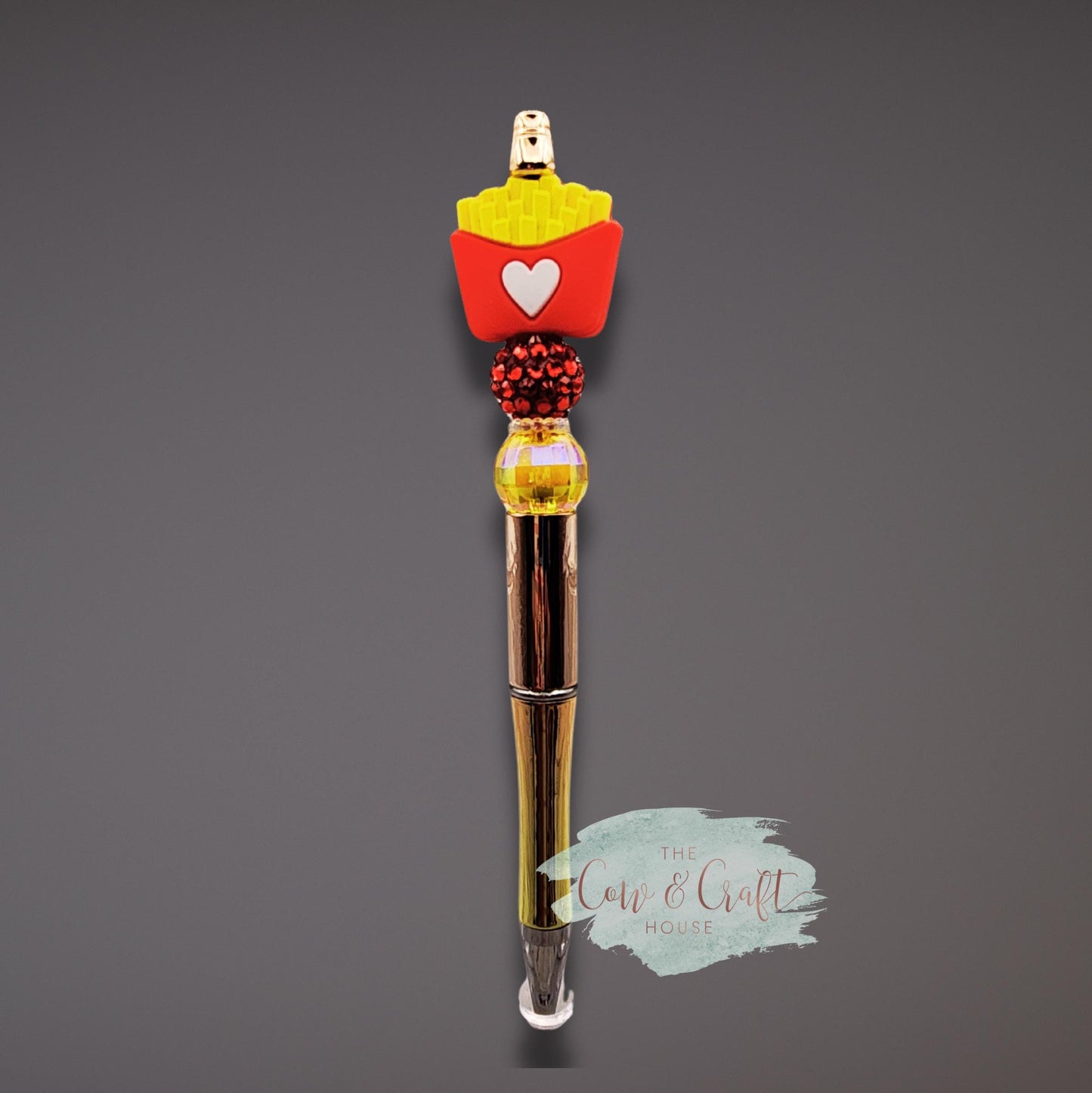 Valentine Fry Love Pen | Cute Valentine Gift | Gold Beaded Pen | Heart Fries Focal | Black Ink