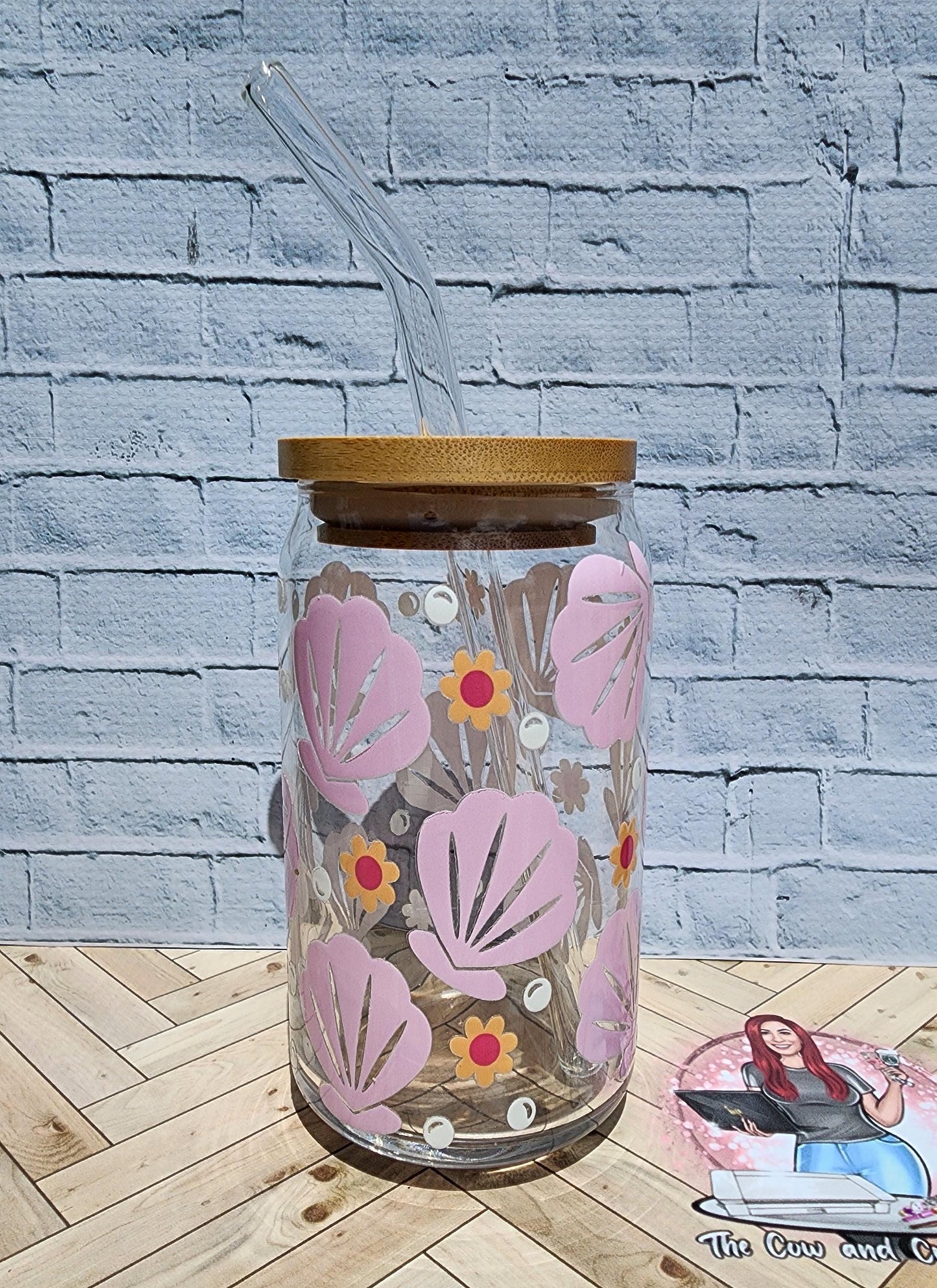 Seashell Glass Libbey Cup | Coastal Iced Coffee, Bamboo Lid & Straw