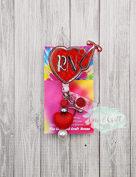 Valentine Stethoscope Badge Reel: Glitter Heart RN, Nurse ID Holder