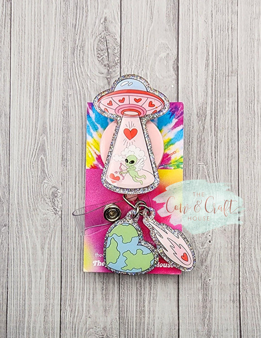 Valentine Holiday Alien Badge Reel: Glitter ID Nurse Badge Holder