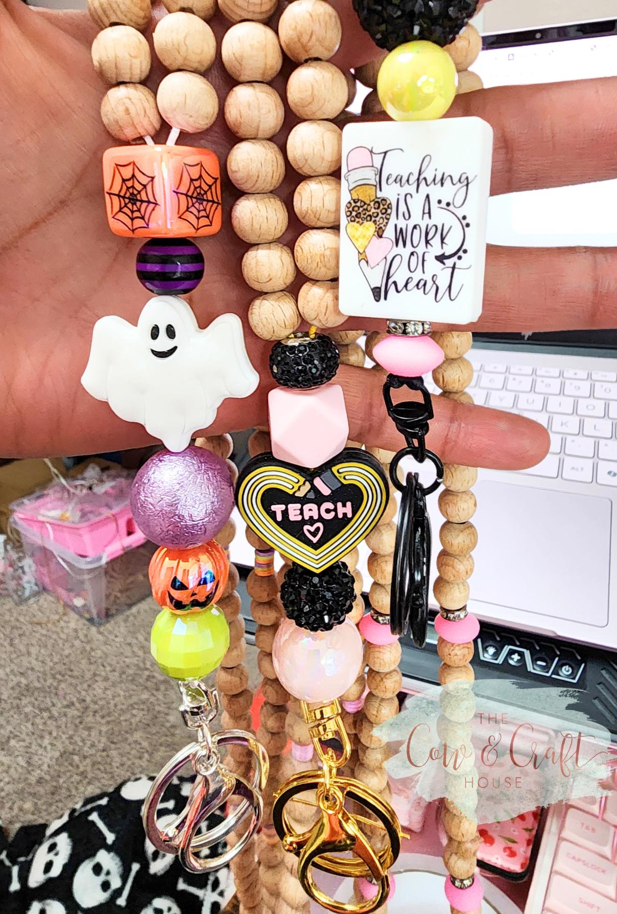 Dog Mom Teacher Lanyard | Breakaway Beaded Lanyard | Black Pink Wood Beads | Classroom ID Holder Gift