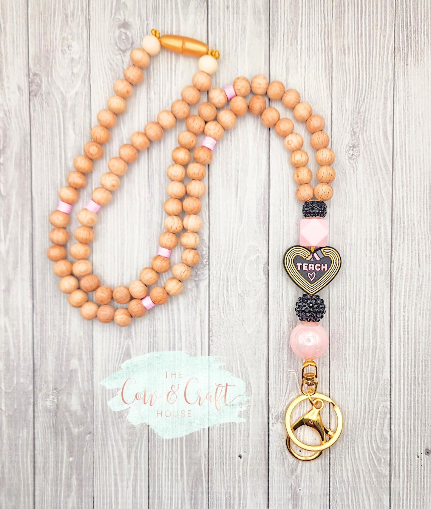 Beaded Teacher Lanyard | Wood Beads & Pencil 'Teach' Focal