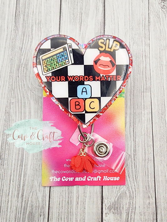 Glitter Heart SLP Badge Reel | Speech Language Pathologist Gift