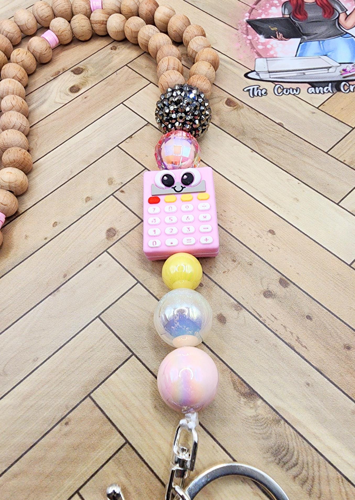 Teacher Lanyard • Wooden Beads, Pink Calculator • Breakaway ID Badge Holder