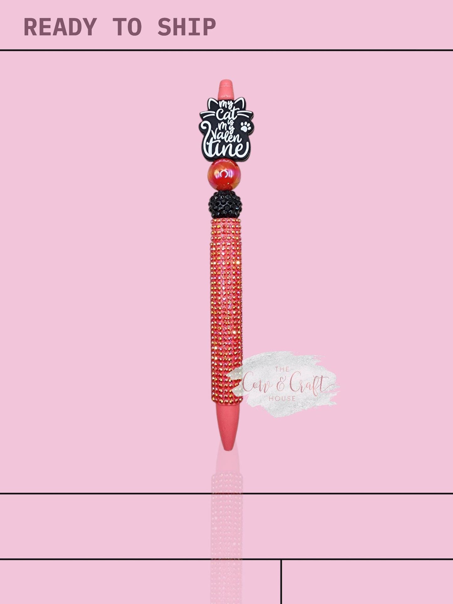 Cat Valentine Beaded Pen | Handmade Black Ink Twist Pen