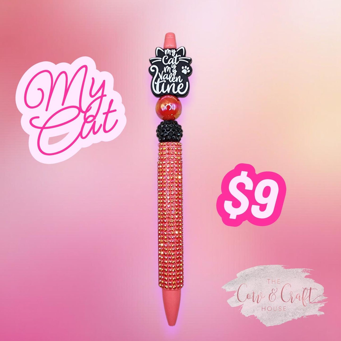 Cat Valentine Beaded Pen | Handmade Black Ink Twist Pen