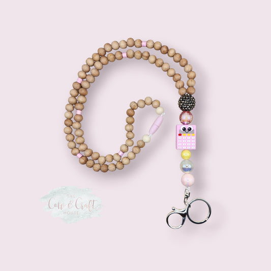 Teacher Lanyard • Wooden Beads, Pink Calculator • Breakaway ID Badge Holder
