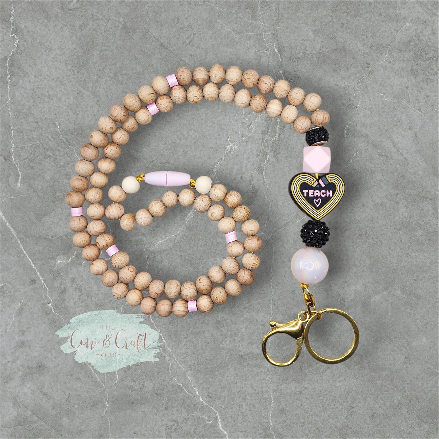 Beaded Teacher Lanyard | Wood Beads & Pencil 'Teach' Focal