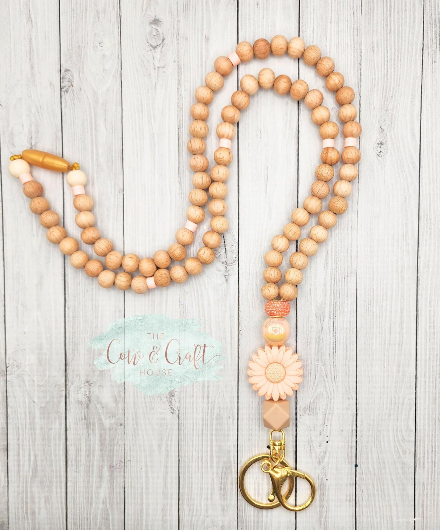Peach Sunflower Teacher Lanyard: Breakaway ID Badge Holder with Keychain